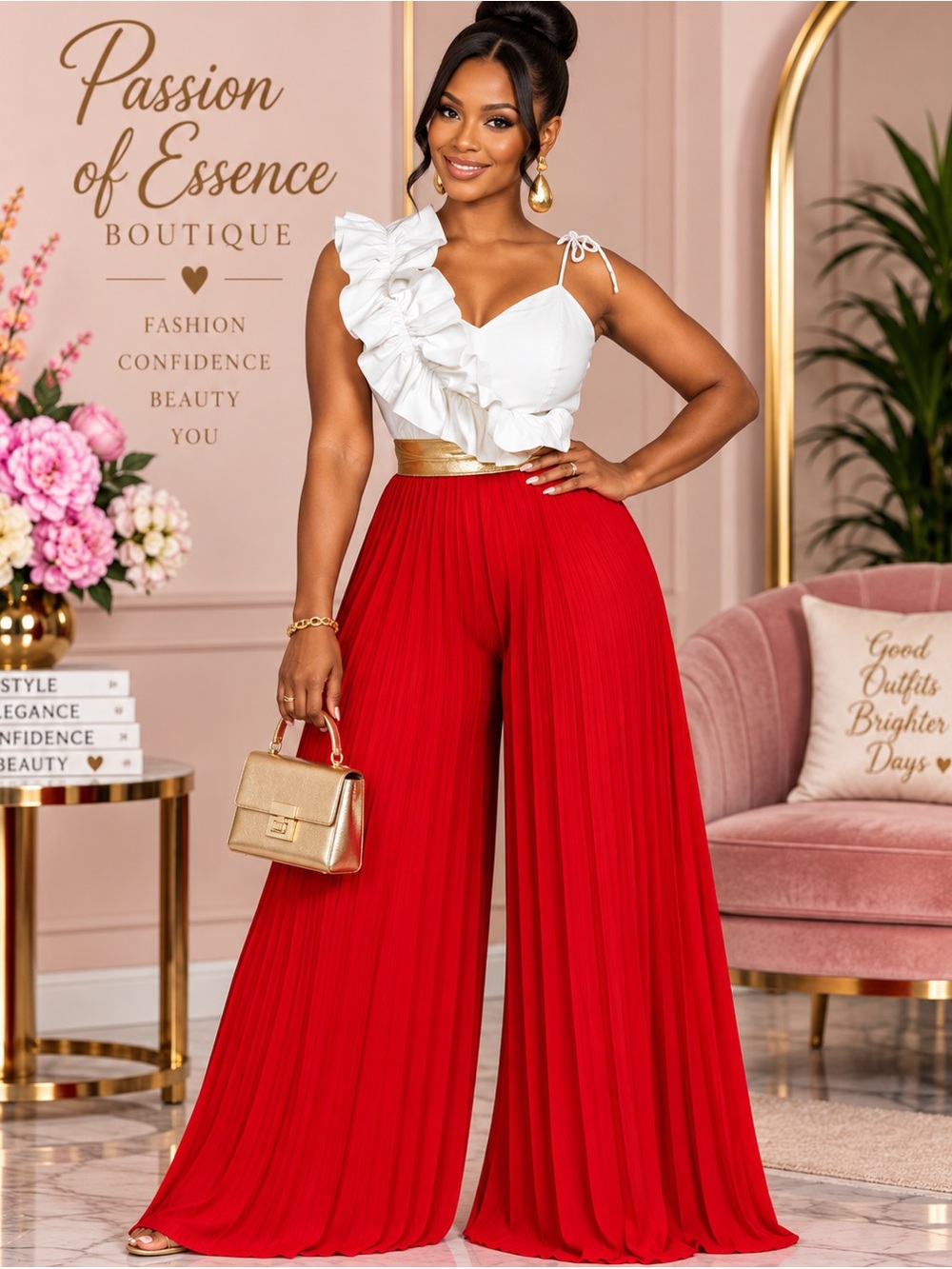 Red & White Ruffle Top Pleated Wide Leg Pants Set Size M